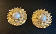 Vintage Gold Pearl Earrings Delizza Elster D&E Huge Statement Textured 80s 1980s