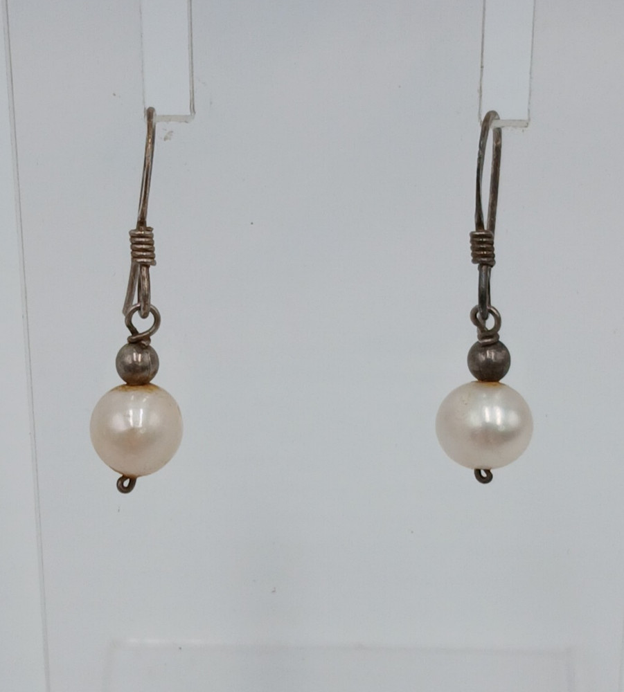 VTG 7mm Pearl Dangle Earrings 1in Drop Sterling Silver French Wire 1.43g Estate