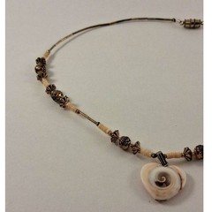 Artisan Beaded Choker with Natural Shell Pendant and Metal Beads 1970s – 1990s