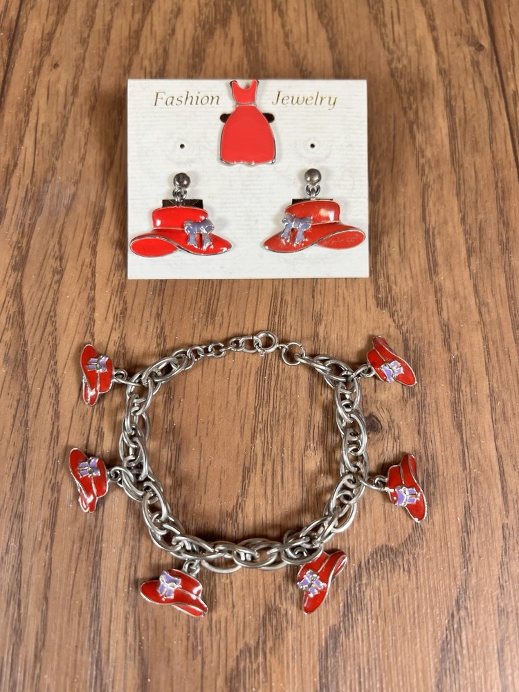 Red Hat Society Style Women’s Charm Bracelet + Earrings + Pin Set
