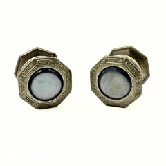 B&W Co. Marked Patented Octagon Platinum Plated Abalone Snap Cufflinks