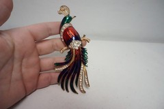 Large Vintage Figural Bird of Paradise Peacock Enamel Rhinestone 5″ Brooch Pin