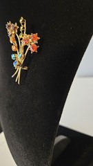 Vintage Austria Rhinestone Flower Spray Brooch Topaz Green Blue Gold Tone Signed