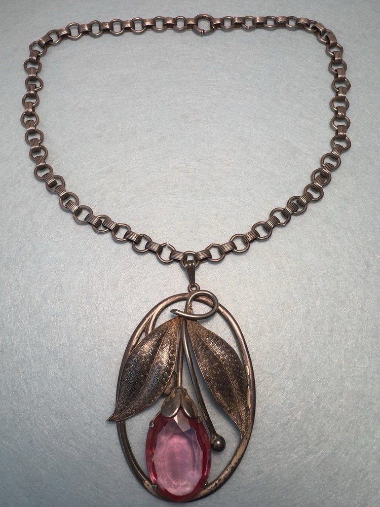 Vintage Art Nouveau Pink Glass 3.25” Pendant Bookchain Necklace 18” Chain