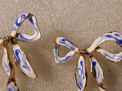 Stunning Goldtone Blue&white Enameled Stud Bow Earrings