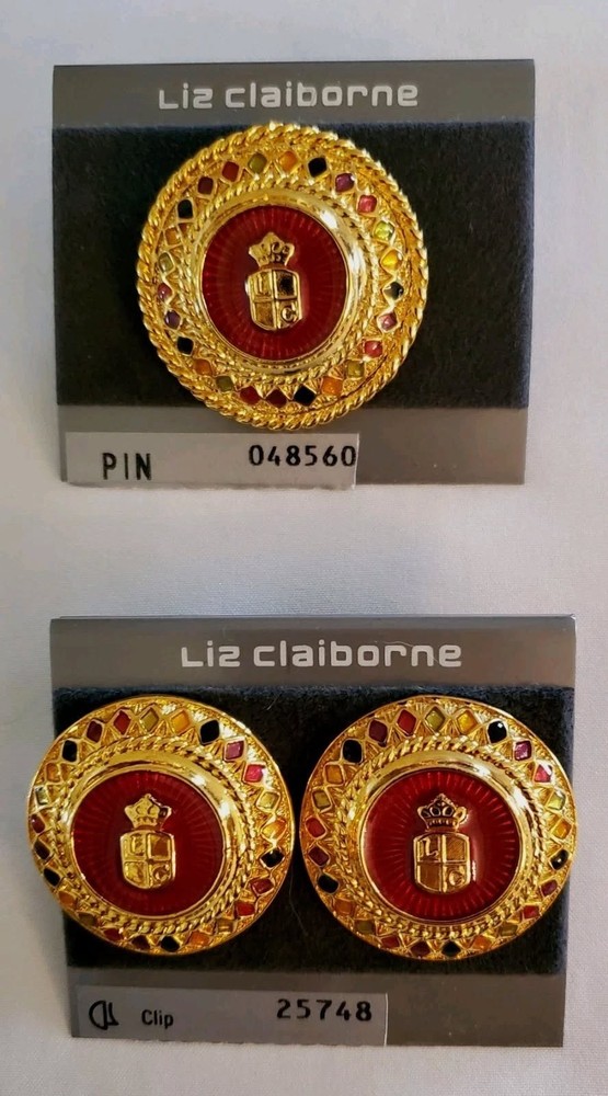 Vintage Liz Claiborne Gold Tone Red Enamel Crest Clip Earrings + Brooch Pin Lot