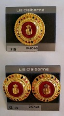 Vintage Liz Claiborne Gold Tone Red Enamel Crest Clip Earrings + Brooch Pin Lot