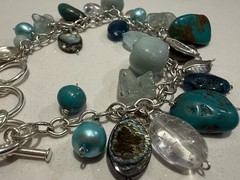 Vintage Signed Sajen 925 Sterling Silver Multi-Gemstone Charm Bracelet Moon Face