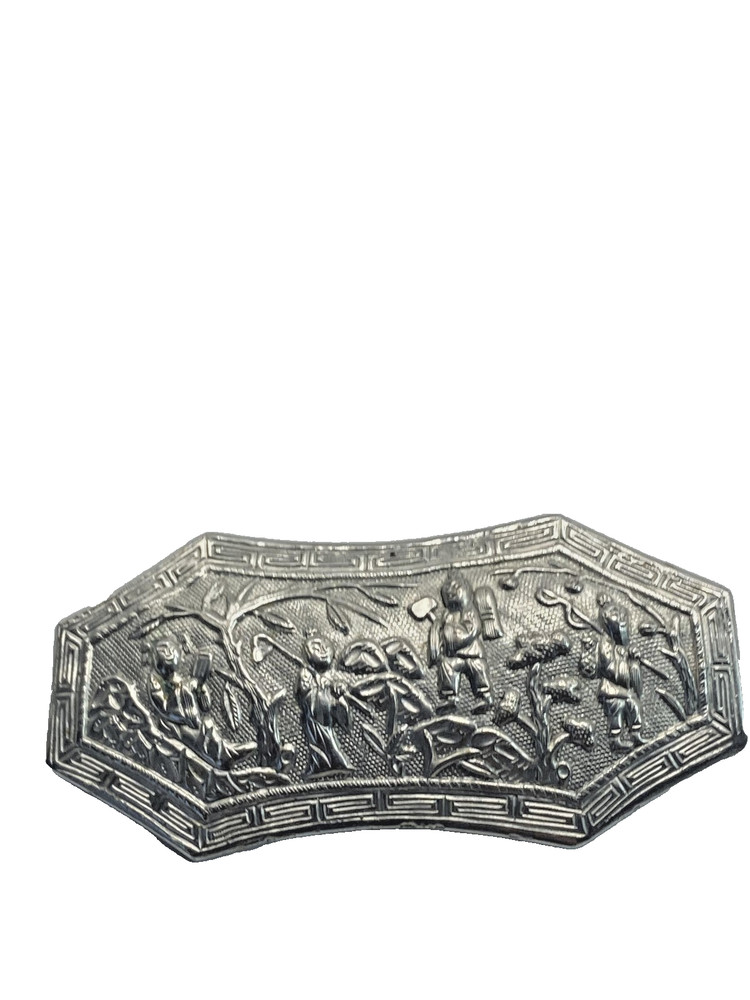 Vintage Silver Tone Scenic Brooch Pin Asian Figures Garden Floral Landscape 3 In