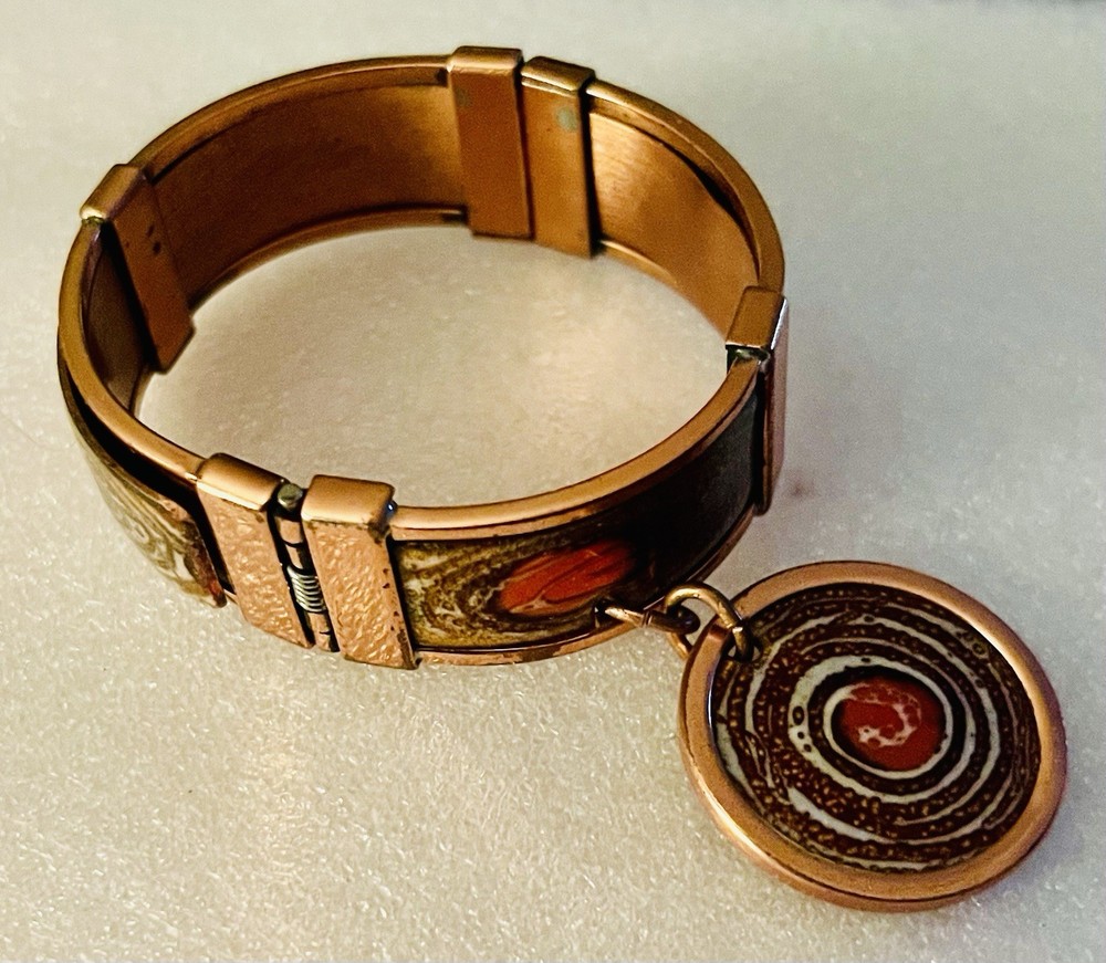 2 Different Vintage Enamel Copper Mattise Renoir Bracelets Medallion Bangle