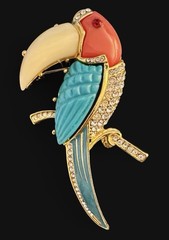 Vintage Hattie Carnegie Toucan Brooch Faux Coral Turquoise Resin Bird Pin Enamel