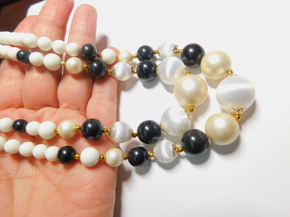 Double Strand Off White Black Faux Pearl Satin Beaded Necklace Japan Vintage