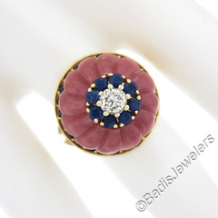 Gold Carved Rose Quartz 1.52ctw Sapphire & Diamond Flower High Profile Ring