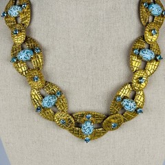 Vintage Czech Brass Blue Confetti Soapstone Cabochon Art Deco Revival Necklace