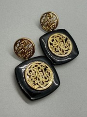 Monet Black and Gold Tone Scroll Design Post Dangle Earrings 1.50″