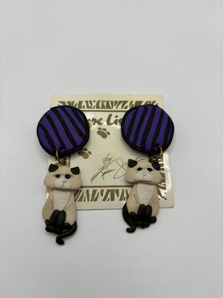 Vintage Tigre Lis Polymer Clay Clip On Cat Earrings by Karen Justice 80’s