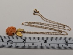 Krementz Carved Coral Rose Flower With Gold Tone Leaves Pendant On 17.75″ Chain.