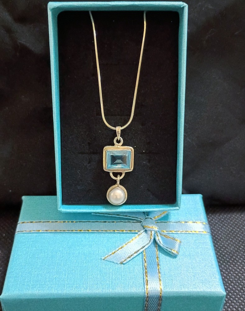 Vintage Silver 925 Genuine Sky Blue Topaz Drop Pearl Pendant Italy 16″ Chain