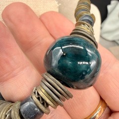 Vintage Necklace 1970s Blue Ceramic Beads Metal Disc Spacers Bohemian 16.5 Inche
