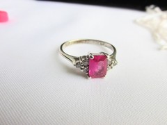Vintage 925 Sterling Silver Faux Ruby & CZ Ring Emerald-Cut SZ 11