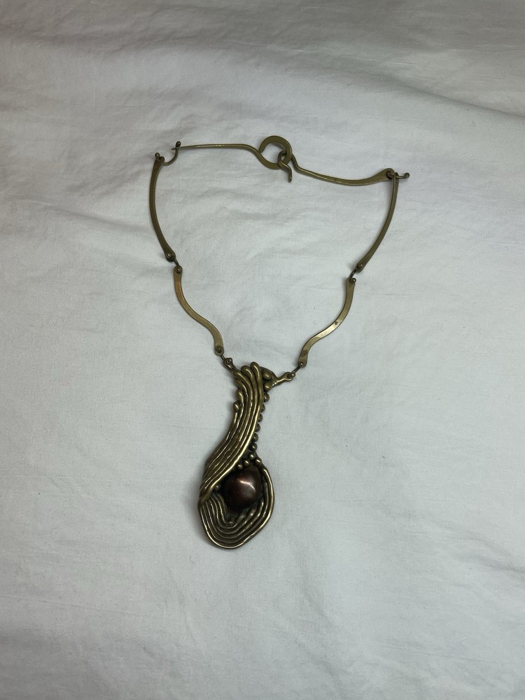 Nancy Aries Brutalist Necklace Copper And Brass 20″ Round Pendant 6″ Drop