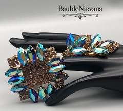 Vintage AB Iridescent Peacock Blue/Green Stones&Brown Square Pin&Earrings Set