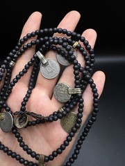 Vintage Black Beaded Coin Necklace, Tribal Boho Necklace, Ethnic Coin Charm