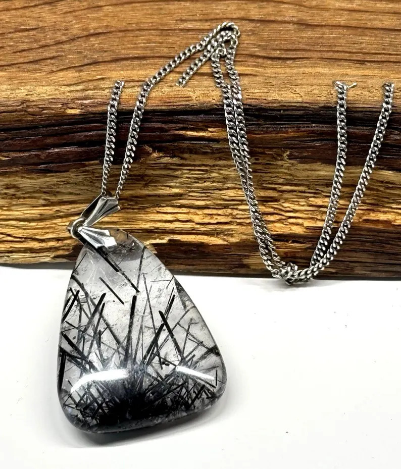 antique large rutilated tourmaline quartz pendant with chain necklace 835 silver
