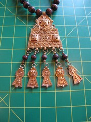 KENNETH LANE Necklace~Vintage GT BIG MAYAN pendant + Wooden Beads~Signed~FREE H