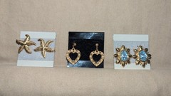 3 Pairs Pierced Earrings Gold Tone w/ Faux Stone, Metal Starfish, Heart Dangle