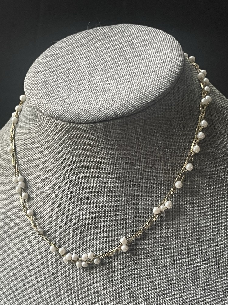 Vintage Faux Pearl Braided Necklace Woven Chain Gold Tone Career Wedding