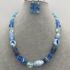 Vintage Venetian Mixed Lampwork Blue Glass Beaded Necklace W/ Matching Earrings