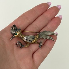Vintage Road Runner Bird Brooch Pin Silver & Gold Tone Green Eyed