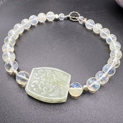 925 Sterling Silver Necklace ~ VTG Carved Jade & Opalite Artisan ~ 16” ~ 110g