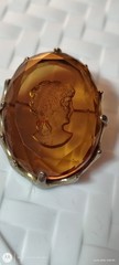 Vintage Reverse Carved Amber Cameo Portrait Brooch Pin, Oval Stone, Beauty Theme