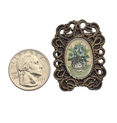 Vase of Flowers Mini Paintings In Frame Brooch Water Color Vintage Pin