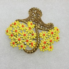 Vintage Multicolor Daisies Flower Enamel Basket Brooch Pin