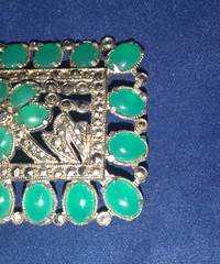 Antique Emerald Cabochon Flower Marcasite Pin Brooch Silver Tone Early 1900 RARE