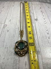 Vintage Western Germany Necklace Ornate Brass Filigree With Green Rhinestones.
