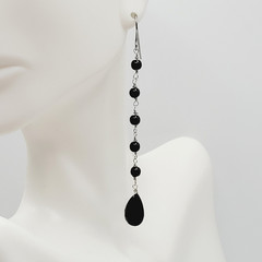 Black Onyx Bead Shoulder Duster Long Linear Silver Tone Pierced Hook Earrings