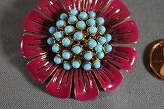 Vtg Petal Enamel Blue Plastic Ballotini Bead Stone Flower Brooch