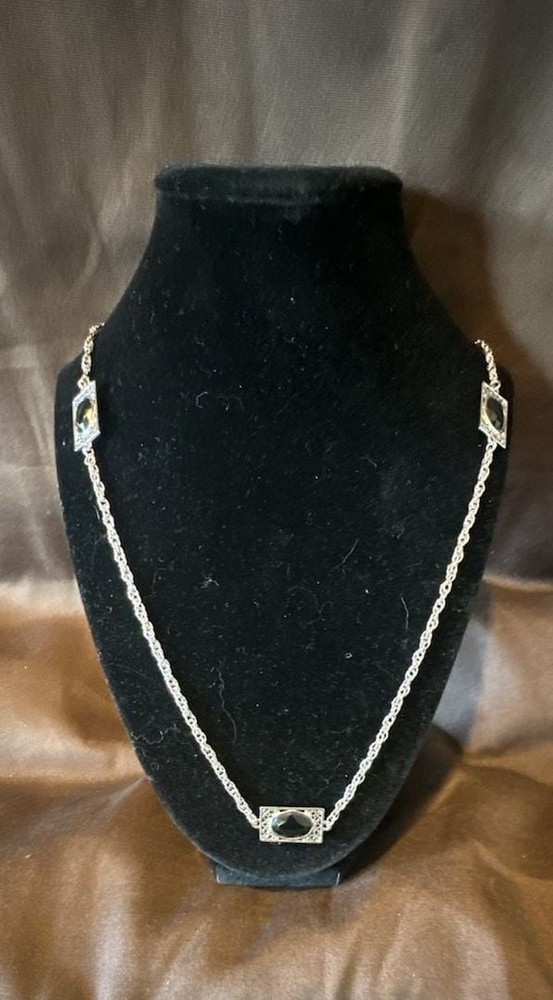 Vintage Emmons Silver-Tone Station Necklace with Black Lucite Insets