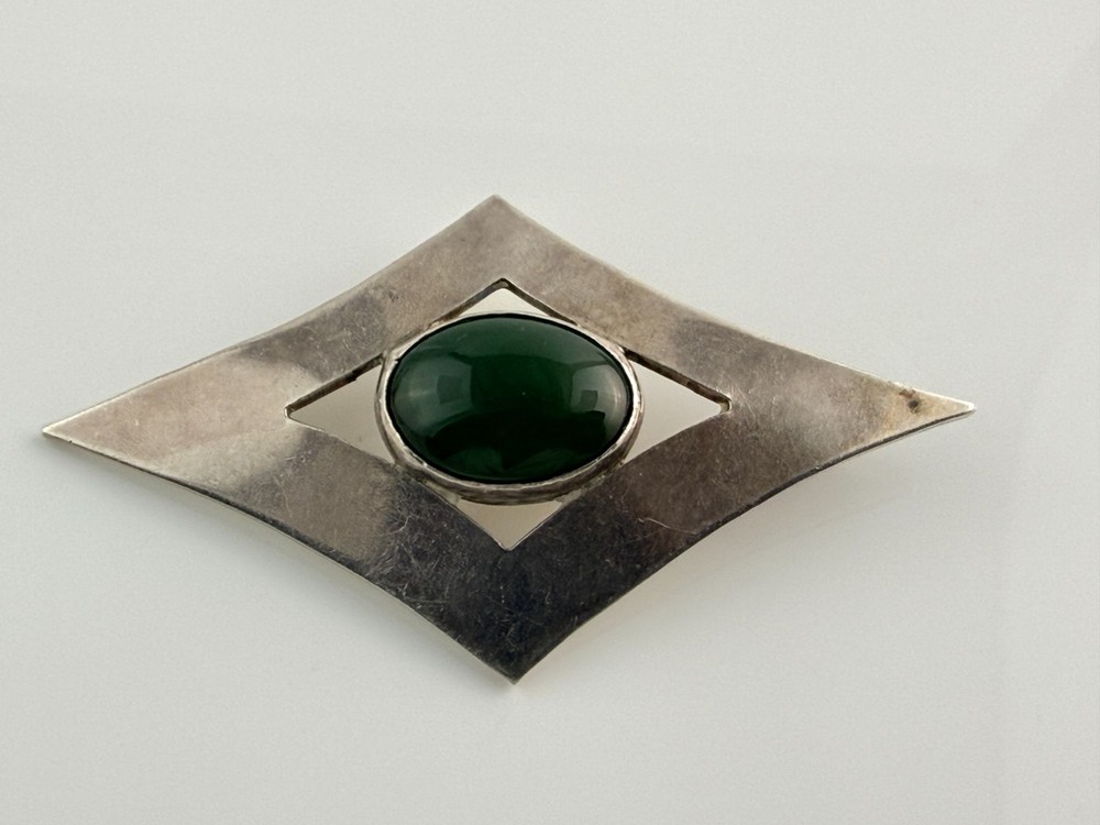 Vintage Signed Artisan Sterling Silver Green Nephrite Cabochon Pendant 13g 2.5In