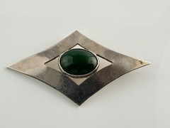 Vintage Signed Artisan Sterling Silver Green Nephrite Cabochon Pendant 13g 2.5In
