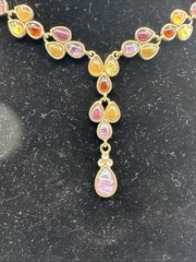 Faux Gemstone Glass Cabochon Lavaliere Necklace Purple Gold Vintage Jewelry 18in
