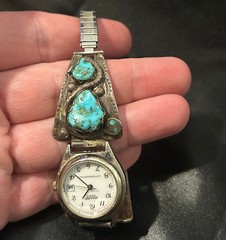 Effie Calavaza Zuni Signed Turquoise Snake Watch Vintage Native American Jewelry