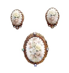 Vintage West Germany Floral Cameo Earrings & Brooch Set SEE DESCRIPTION