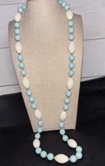 Vintage Bead Necklace Pastel Blue White Rib Textured Lucite Brass Spacer 28”
