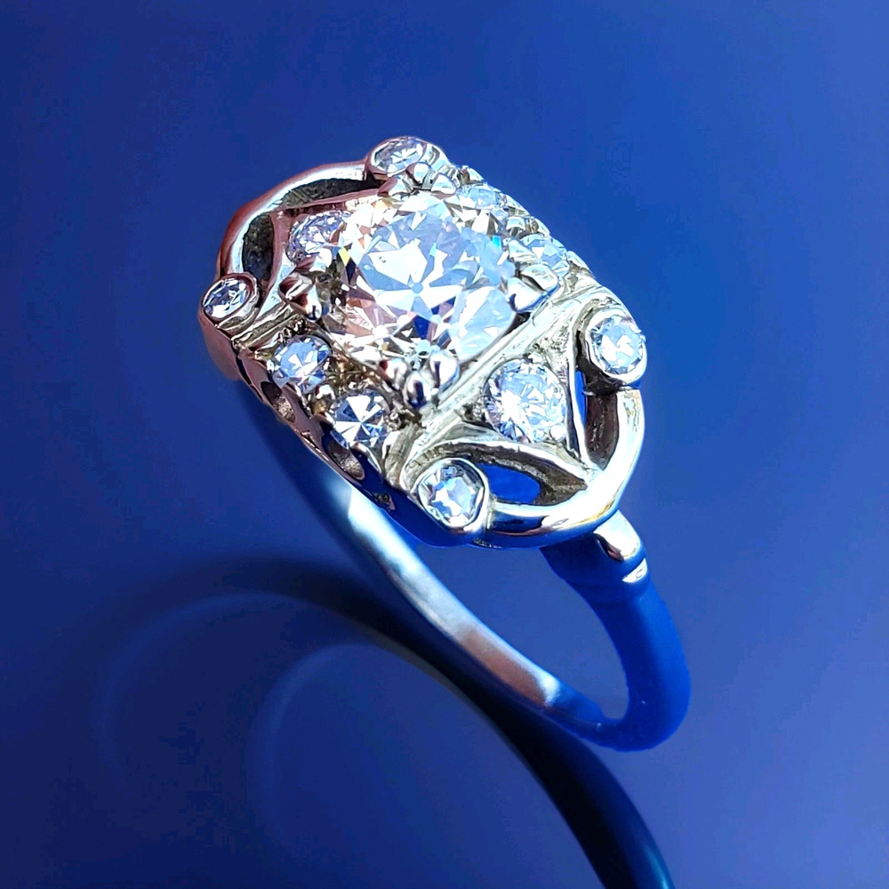 Original EARTH MINED DIAMOND Deco Engagement Ring Solid 14K WHITE GOLD SOLITAIRE