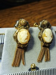 Antique Gold Filled Old/Young Cameo Necklace Double Sided Pendant & Earrings SET
